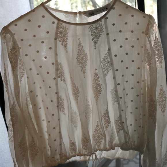 Zara White Embroidered Long Sleeve Blouse Women’s Small - Picture 3 of 7